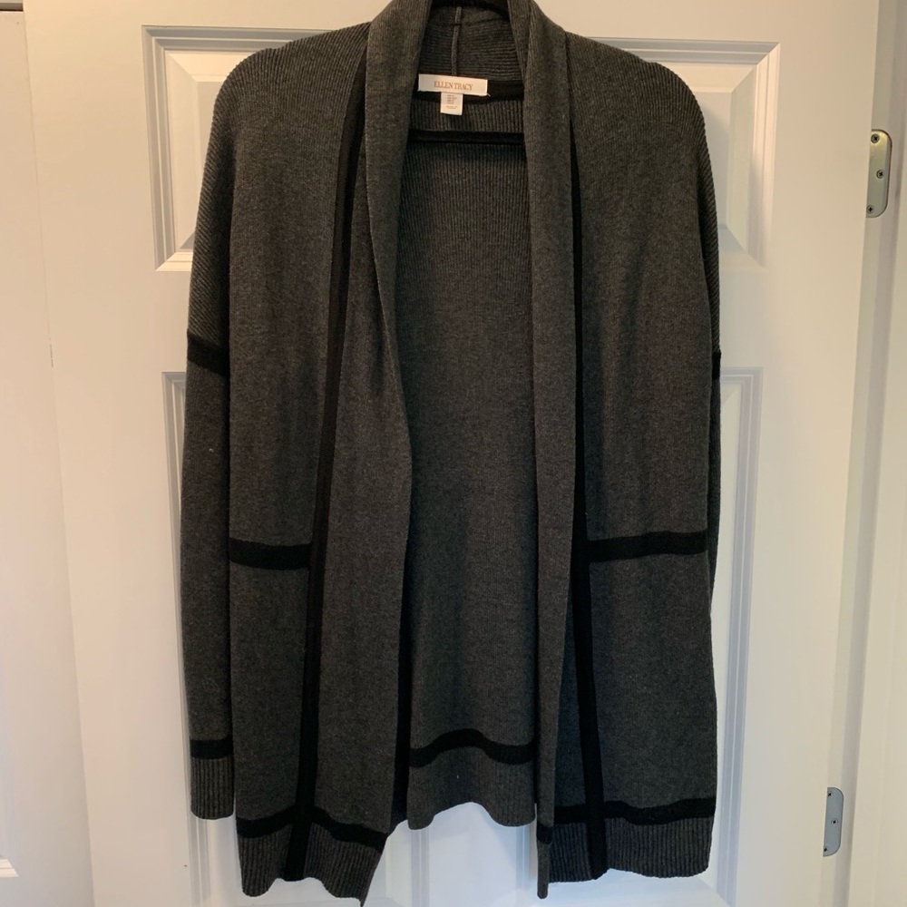 Grey cardigan with black striped detailing.